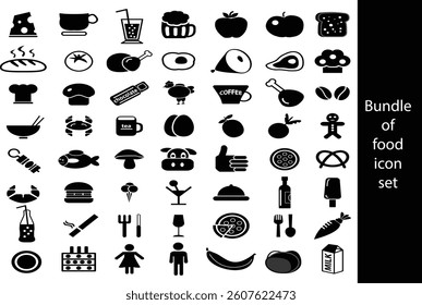 Comprehensive Food Icon Set for Graphic Design, A collection of black and white food icons, perfect for restaurant menus, websites, apps, or other food-related projects.