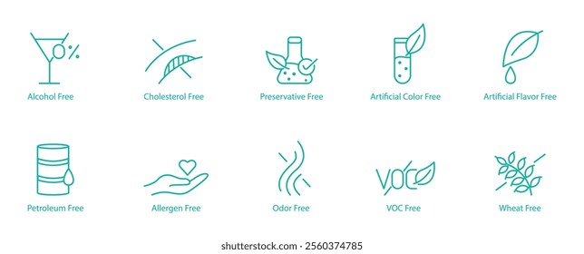 Comprehensive Free-From Icon Set – Alcohol, Cholesterol, Preservatives, Artificial Colors, Artificial Flavors, Petroleum, Allergen, Odor, VOC, and Wheat Free Vector Icons