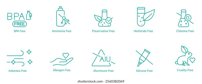 Comprehensive Free-From Icon Set – BPA, Ammonia, Preservatives, Herbicide, Chlorine, Asbestos, Allergen, Aluminum, Silicon, and Cruelty Free Vector Icons