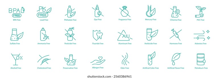 Comprehensive Free-From Icon Set – BPA, Lead, Phthalate, Dye, Fragrance, Mercury, Chlorine, PVC, Sulphate, Ammonia, Pesticide, Fluoride, Alumina, Herbicide, Hormone, cholesterol, Alcohol free