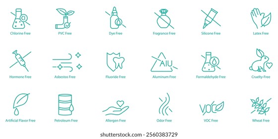 Comprehensive Free-From Icon Set – Chlorine, PVC, Dye, Fragrance, Silicon, Latex, Hormone, Asbestos, Chloride, Aluminum, Formaldehyde, Cruelty, Artificial Flavors, Petroleum, Allergen, Odor, VOC 