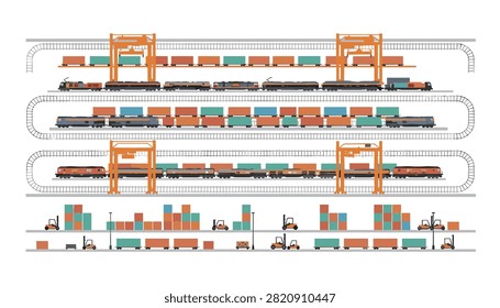 Comprehensive freight train network displaying multiple cargo containers and overhead cranes for rail logistics operations.