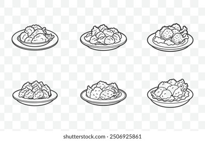 Comprehensive Fried Chicken Line Art Vector Set Illustrations of Crispy Drumsticks Wings Thighs and More