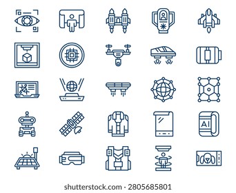 A comprehensive futuristic technology outline collection is displayed on a clean white background. The collection features twenty-five distinct elements with consistent dark blue lines and no color fills. Concept of modern aerospace cybernetic development, artificial intelligence digital interface, and global virtual reality automation