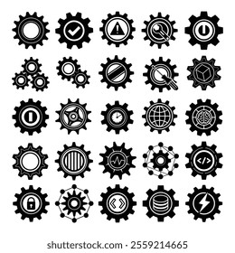 Comprehensive gear icon set featuring various types of gears, ideal for engineering projects, mechanical designs, manufacturing visuals, and technology-related applications