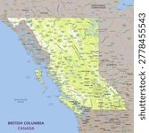 Comprehensive geographic and physical map of British Columbia, Canada, detailing its complex topography, major cities, and provincial borders.