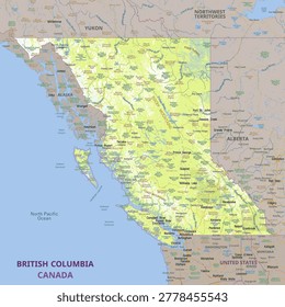 Comprehensive geographic and physical map of British Columbia, Canada, detailing its complex topography, major cities, and provincial borders.