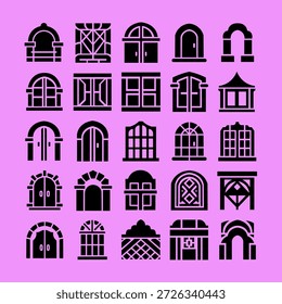 Un completo conjunto de iconos de glifos con varias ventanas, puertas y arcos en silueta negra. Ideal para diseño arquitectónico, construcción y proyectos gráficos.