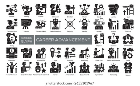 A comprehensive glyph style icon set themed around career and professional development. Perfect for business presentations, HR tools, and educational materials