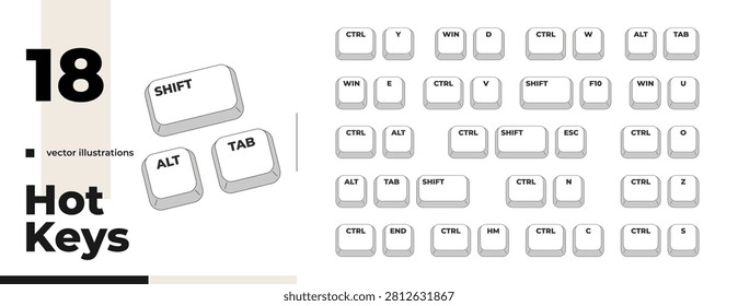Comprehensive grayscale keyboard hotkey pack. Typing commands. Key functions. System control. Minimal shortcut keys collection. Monochrome combination buttons for productivity. Vector illustration