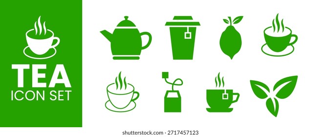 Conjunto de iconos de té verde integral. Con tazas de té al vapor, gráficos de tetera, bolsitas de té, tazas para llevar, limón fresco y hojas de té verde para menús de cafetería, marca y Diseños de estilo de vida saludable.