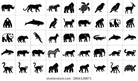 Comprehensive grid of 40 minimalist black animal silhouettes featuring wild mammals, birds, and aquatic life including tigers, elephants, gorillas, and dolphins on a plain white background.