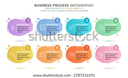 Comprehensive grid layout with 8 fluid liquid elements serves as an effective tool for detailing extensive corporate procedures and structural steps. 8 Steps Grid Workflow Business Process Infographic