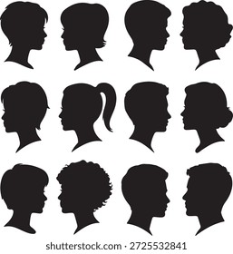 Uma grade abrangente de doze silhuetas de perfil preto, retratando uma variedade de homens, mulheres e crianças com diferentes penteados.