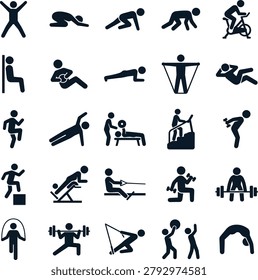 A comprehensive grid of twenty-five black minimalist pictograms on a white background. Each icon depicts a stylized stick figure performing a different physical exercise or using gym equipment. The set includes activities such as weightlifting, cardio, yoga, stretching, cycling, rowing, and resistance training. The design is clean and graphic, ideal for fitness apps, health infographics, gym signage, or instructional workout posters.