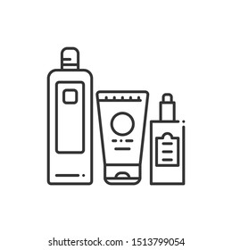 Comprehensive hair care black line icon. Cosmetic products: shampoo, conditioner, oil. Beauty industry. Pictogram for web page, mobile app, promo. UI/UX/GUI design element. Editable stroke.