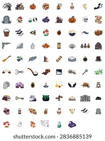 Comprehensive halloween icon pack featuring spooky vector elements, magic potions, festive autumn foliage, and mystical symbols for creative holiday designs.