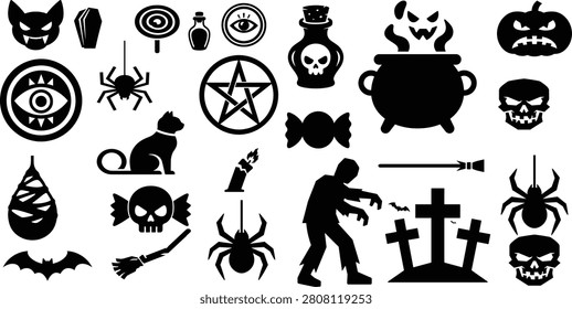 Paquete de silueta de Halloween integral con fantasma, bruja, murciélago, cráneo, gato negro, araña, calabaza, zombi y símbolos ocultos, Colección de Vector negro aislado sobre fondo blanco