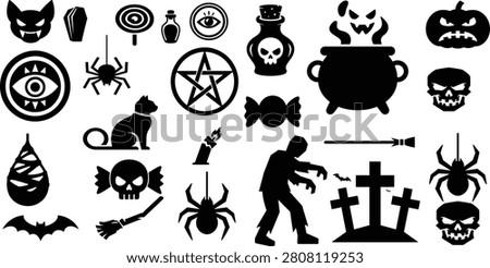 Comprehensive Halloween Silhouette Bundle With Ghost, Witch, Bat, Skull, Black Cat, Spider, Pumpkin, Zombie And Occult Symbols, Black Vector Collection Isolated On White Background