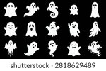 A comprehensive halloween vector bundle featuring a collection of cute and spooky hand drawn white ghost characters on black background