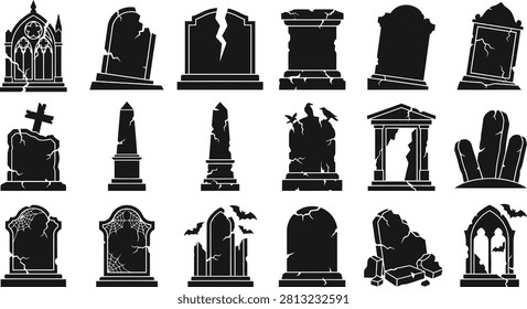 A comprehensive Halloween vector bundle featuring various tombstone shapes, gravestones, spooky arches, and eerie cemetery elements for Halloween projects.
