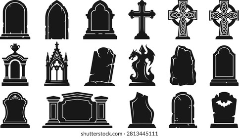 A comprehensive Halloween vector bundle featuring diverse tombstone silhouettes, Celtic crosses, and spooky graveyard elements for eerie designs.