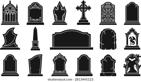 A comprehensive Halloween vector bundle featuring various tombstone and gravestone silhouettes, perfect for spooky designs, invitations, and Halloween graphics.