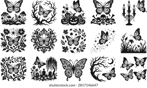 A comprehensive halloween vector bundle featuring gothic butterflies skulls pumpkins candles and dark floral elements for spooky seasonal graphic design projects