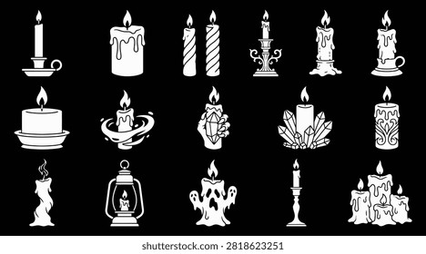 A comprehensive halloween vector bundle featuring various hand drawn candle designs and antique lantern illustrations isolated on a solid black background