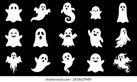 A comprehensive halloween vector bundle featuring a collection of cute and spooky hand drawn white ghost characters on black background