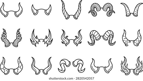 A comprehensive halloween vector bundle featuring a diverse collection of hand drawn demon horns and devilish creature head accessories