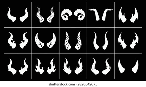 A comprehensive halloween vector bundle featuring various styles of white devil horns isolated on a solid black background design