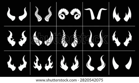 A comprehensive halloween vector bundle featuring various styles of white devil horns isolated on a solid black background design