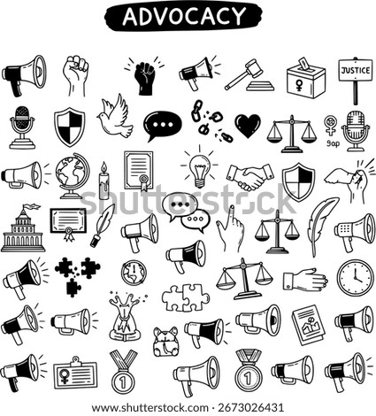 Comprehensive Hand-drawn Doodle Icon Set for Advocacy, Justice, Human Rights, Communication, and Activism, Featuring Symbols of Empowerment, Law, and Social Change.