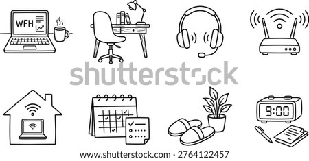 A comprehensive hand-drawn doodle icon set capturing the essence of the work from home experience. This black and white line art collection features essential elements like a laptop, desk, headphones, WiFi router, home office setup, calendar, to-do list, comfortable slippers, and daily routine items. The simple, minimalist style with clear outlines makes it ideal for depicting modern remote work, flexibility, and productivity. Perfect for marketing, branding, advertising campaigns, social media graphics, website banners, mobile apps, infographics, and presentations. Concepts include telecommuting, digital nomad lifestyle, hybrid work, organization, and a balanced work-life.