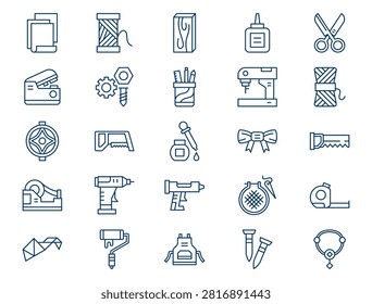 A comprehensive handmade craft outline collection is displayed on a clean white background. The collection features twenty-five distinct elements with consistent dark blue lines and no color fills. Concept of modern home improvement repair, traditional creative sewing embroidery hobby, and artistic handmade jewelry making material