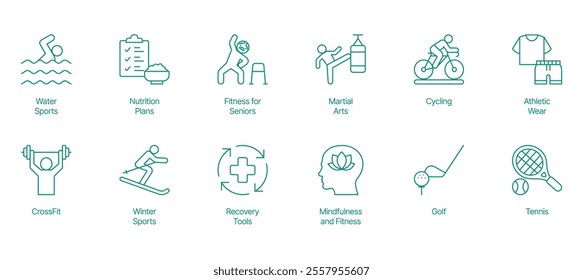 Comprehensive Health and Activity Icon Set - Vector Illustrations for Water Sports, Nutrition Plans, Senior Fitness, Martial Arts, Cycling, Athletic Wear, CrossFit, Winter Sports, Recovery Tools 