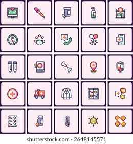 Comprehensive healthcare icon set representing medical services and diagnostics