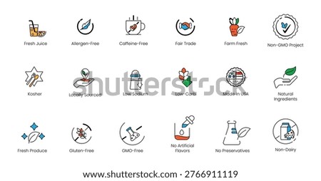 Comprehensive healthy food and nutritional packaging line icon set for dietary restrictions