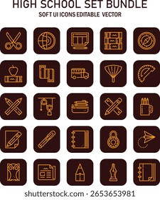 Recursos educacionais abrangentes do ensino médio, ícones de vetor gráficos elegantes com um design de esboço mínimo moderno