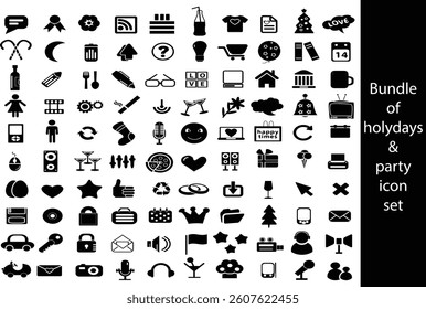 Comprehensive Holiday and Party Icon Set for Graphic Design, A large collection of black and white icons, encompassing a variety of holiday-themed and party-related symbols.