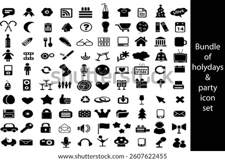 Comprehensive Holiday and Party Icon Set for Graphic Design, A large collection of black and white icons, encompassing a variety of holiday-themed and party-related symbols.
