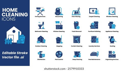 Comprehensive home cleaning services icon set. Includes ironing, vacuuming, floor waxing, carpet cleaning, window cleaning, bathroom, kitchen, and more. Vector icon set.