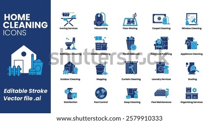 Comprehensive home cleaning services icon set. Includes ironing, vacuuming, floor waxing, carpet cleaning, window cleaning, bathroom, kitchen, and more. Vector icon set.