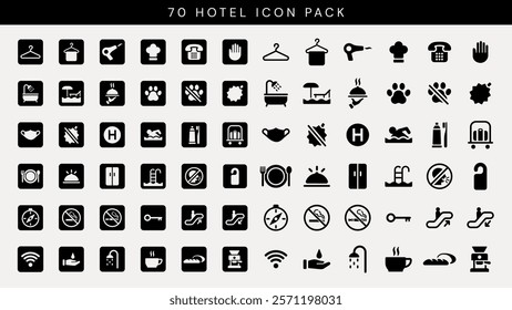 A comprehensive hotel icon pack featuring 70 icons. Includes symbols for amenities, services, and facilities. Perfect for hotel, travel, and hospitality designs. User interface icon vector set.