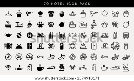 A comprehensive hotel icon pack featuring 70 icons. Includes amenities, services, and facilities. Perfect for hotel branding and design projects. User interface icon vector set.