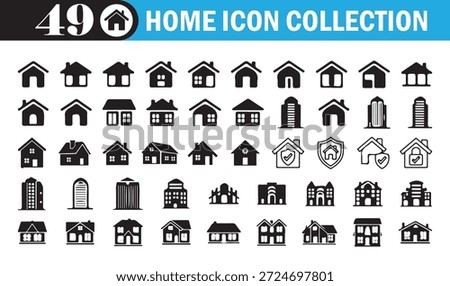 Comprehensive house icon set including skyscrapers duplexes and protected property symbols for web and print