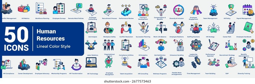 Un completo conjunto de iconos de recursos humanos, desde el reclutamiento hasta la retención, perfecto para paneles corporativos, tecnología de recursos humanos y materiales de capacitación. Estilo de color lineal.