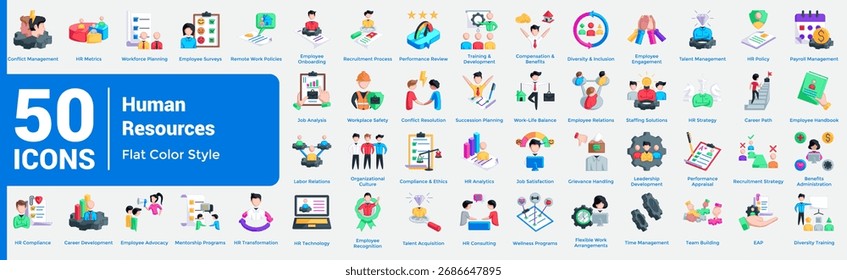 Un completo conjunto de iconos de recursos humanos, desde el reclutamiento hasta la retención, perfecto para paneles corporativos, tecnología de recursos humanos y materiales de capacitación. Estilo de color plano.