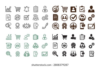 Comprehensive icon collection featuring line and solid styles for shopping carts charts human resources project planning and business communications
